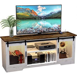 lvsomt tv stand farmhouse barn door with auto onoff led lights for 55 65